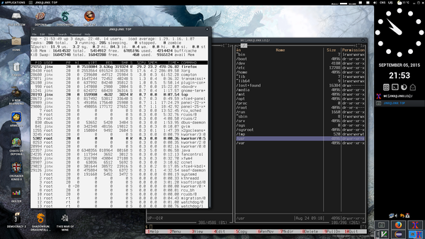 top running in gnome-terminal and Midnight Commander with xoria256 theme running in xterm